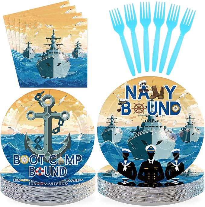 96Pcs Navy Party Supplies Navy Bound Theme Plates and Napkins Blue Military Tableware Set for Boys Men Nautical Baby Shower Anchor Birthday Party Decorations Serves 24