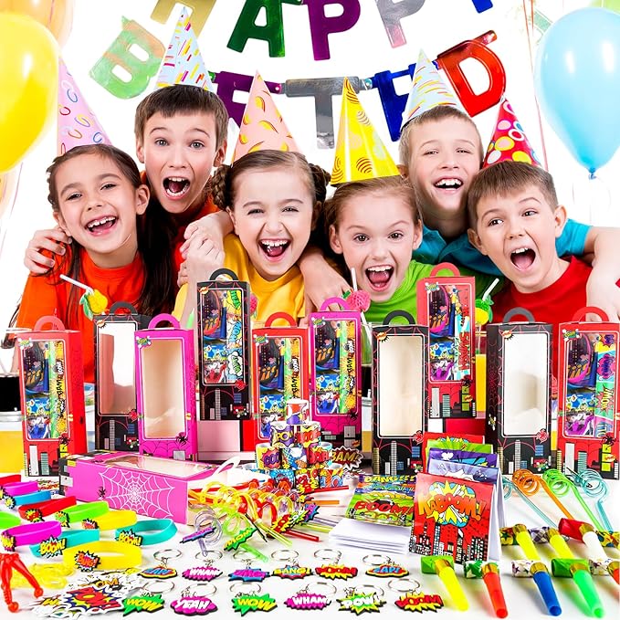 208Pcs Spider Party Favors - 12 Guests Set Include Goodie Box Straw Mini Notebooks Slap Bracelets Keychain Blowers Stickers Sticky hands Toy, for Carnival Classroom Prizes Birthday Party Gift