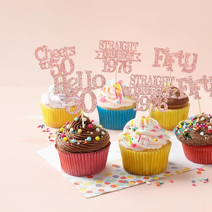 Ephlyn 24Pcs Happy 50th Birthday Cupcake Toppers Glitter Straight Outta 1976 Cupcake Picks Hello 50 Cheers to 50 Years Birthday Cake Decorations for 50th Birthday Anniversary Party Supplies Rose Gold
