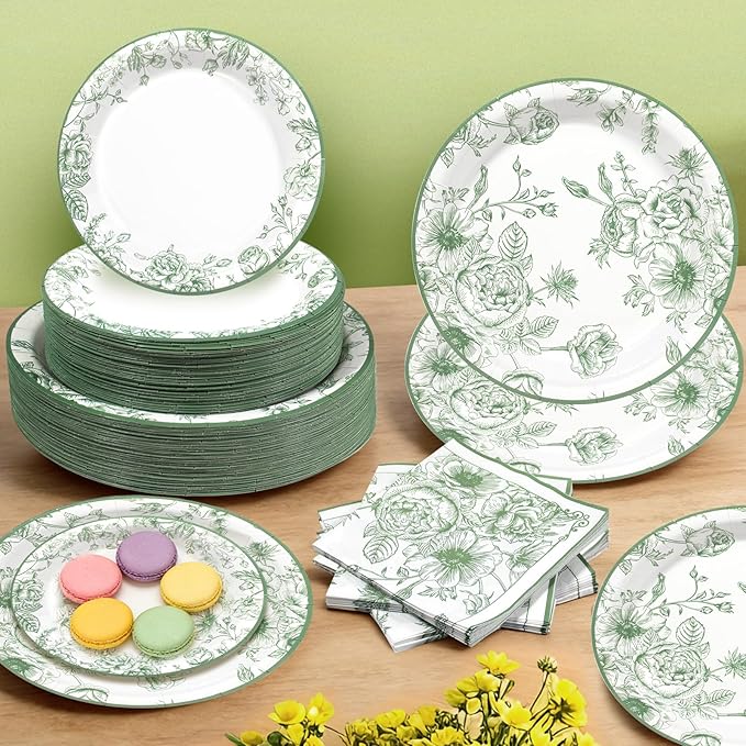 180pcs Sage Green Floral Plates and Napkins Set,Sage Green Party Decorations for Bridal Baby Shower Wedding Tea Party Supplies,Serve 60 Guests