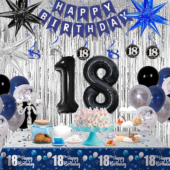 18th Birthday Decorations for Boys Men Girls Dark Blue, HAPPY BIRTHDAY Banner Black Number 18 Balloons Tablecloth Foil Backdrop Star Balloons Garland Arch Kit-18 Years Old Birthday Party Supplies