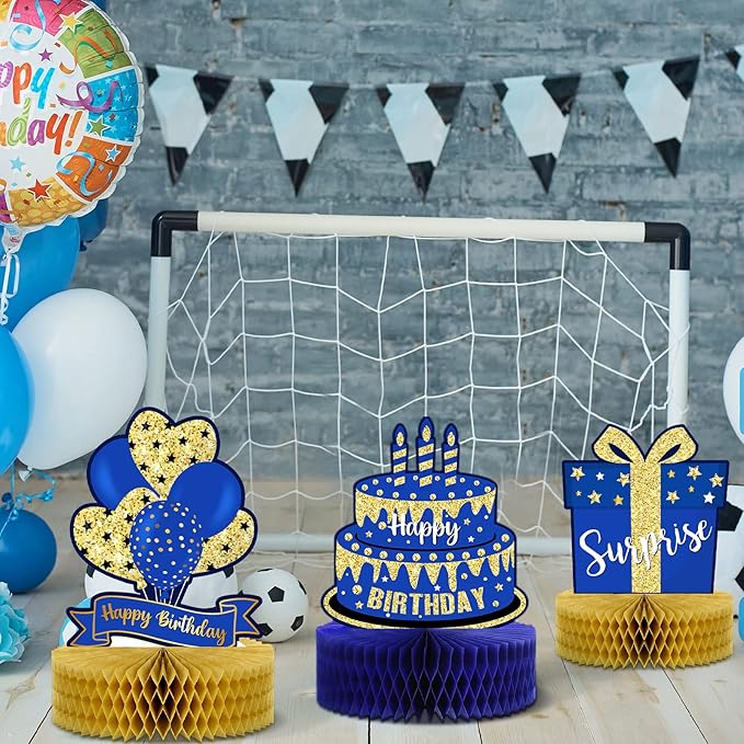 9 Pieces Blue Gold Birthday Table Decorations Happy Birthday Honeycomb Centerpieces Glitter Table Toppers, Blue and Gold Party Decorations for Kids Baby Shower, Men and Woman Party Supplies