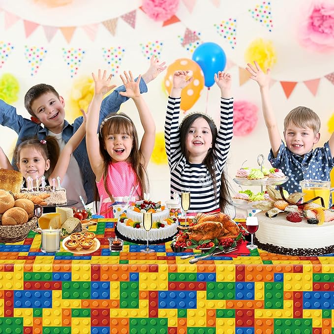 3PCS Building Block Party Tablecloths for Boys Kids Colorful Building Table Cover Blocks Themed Birthday Party Supplies Baby Shower Decorations Party Table Cloth