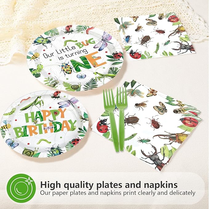96 Pcs Bug One Birthday Party Decorations Ladybug 1st Birthday Themed Paper Plates and Napkins Spring Natural Bug Tableware Set for First Kids Boys Girls Baby Shower Party Supplies Serves 24
