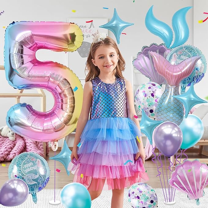 Mermaid Birthday Decorations 40 Inch Giant 5 Years Old Foil Balloons Kit for Girls Under The Sea Theme Party 21Pcs Balloons for Birthday Anniversary Baby Shower Party Decorations Supplies