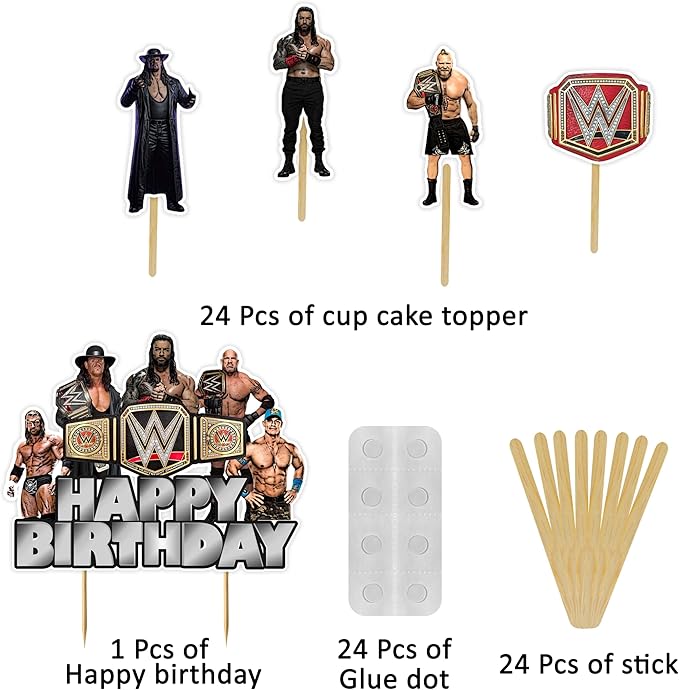 WWWE Theme Birthday Party Supplies – Wrestling Birthday Decorations for Boys Party Pack, Wrestler Cake Toppers, Banners & Garland - Birthdays Decoration Set.