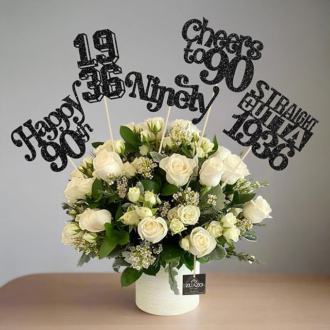 Gyufise 15Pcs Happy 90th Birthday Centerpiece Sticks Ninety Straight Outta 1936 Table Flower Centerpieces Sticks Cheers to 90 Decorations for 90th Birthday Party Supplies Black