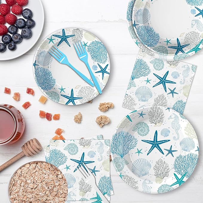 96Pcs Coastal Beach Party Decorations Blue Seashell Starfish Coral Plates and Napkins Sets Nautical Ocean Birthday Party Decorations for Summer Beach Baby Shower Wedding Party Supplies Serves 24