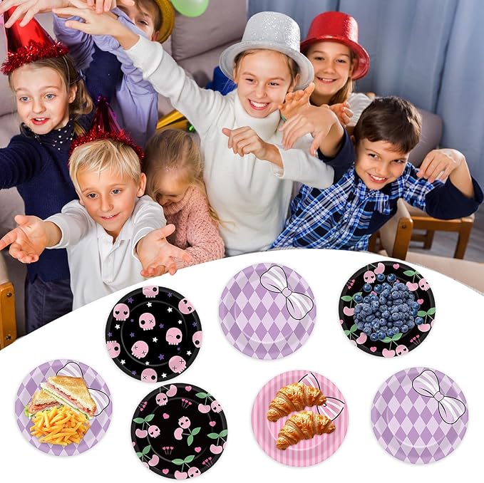 48PCS Kawaii Party Decorations 7" Cute Anime Paper Plates Animations Theme Supplies Cartoon Dessert Tableware Set Adorable Pink Purple Disposable Cake Plates for Kids Baby Shower Birthday Party Favor