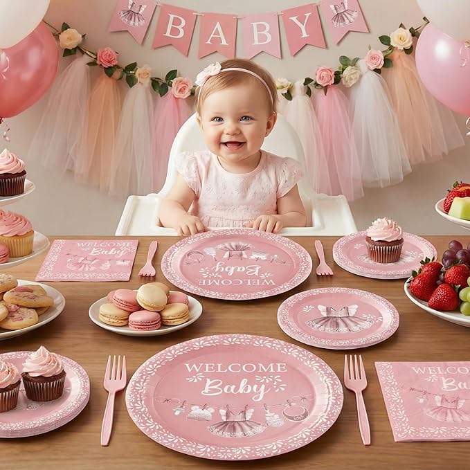 96Pcs Pink Platos De Barro Mexicanos Baby Shower Party Plates Supplies Welcome Baby Cielito Lindo Terracotta Tableware Decorations Disposable Paper Plates Napkins Forks for Birthday, Serves 24