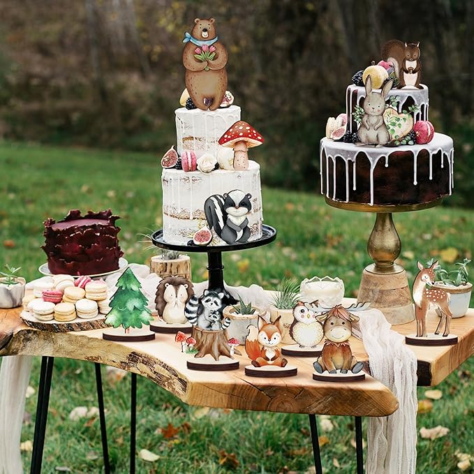 Geetery 12 Pcs Woodland Animals Wooden Animal Cutout Shapes Forest Painted Woodland Baby Shower Decorations Wild Creatures Wood Table Centerpieces for Forest Camp Party Supplies (Cute)