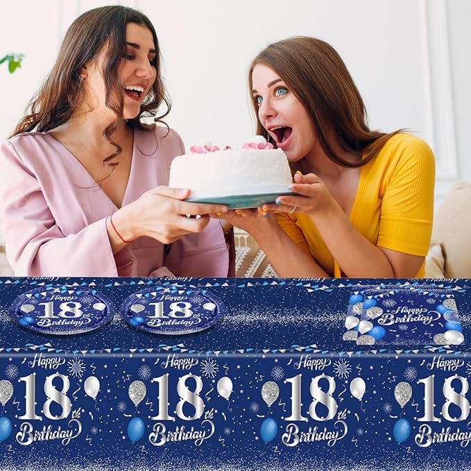 Blue 18th Birthday Decorations for Boys Girls Navy Blue Silver Happy 18th Birthday Napkins Tablecloth Plates for 18th Birthday Anniversary Party Supplies 18 Year Old Party Decorations