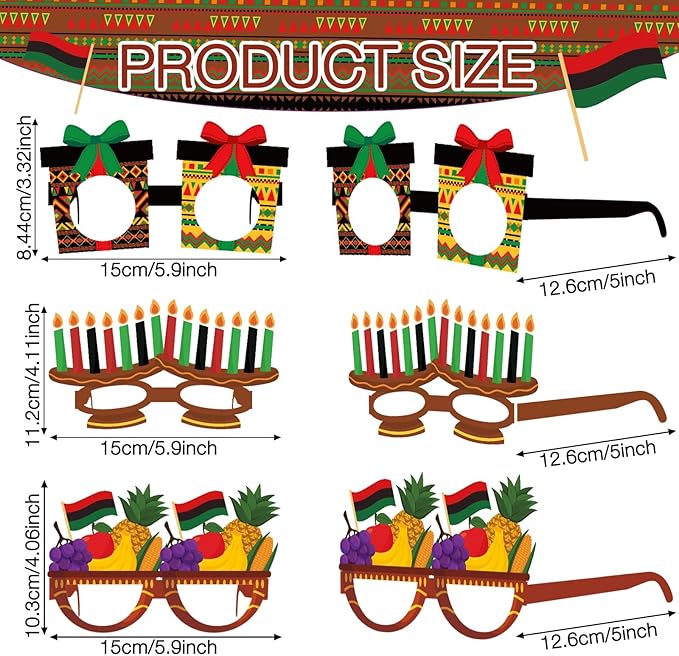 Pajean 36 Pcs Kwanzaa Party Favor Packs Decoration Kwanzaa Photo Props Paper Glasses Bulk African Theme Eyeglasses for Party Favors, Cultural Celebration Decorations, Red Black Green Event Accessories