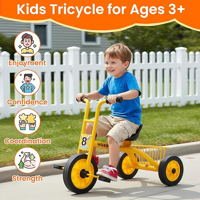 Kids Tricycle for Ages 3-8, Kids Trike with Adjustable Seat, Storage Basket, Preschool Daycare Toddler Bike, Birthday Gift and Toy for Boys and Girls