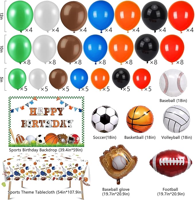 Winrayk 130Pcs Sports Birthday Party Decorations Supplies Sports Balloon Arch Backdrop Tablecloth Football Soccer Baseball Glove Basketball Volleyball Balloon Kid Sport Themed Birthday Party Supplies