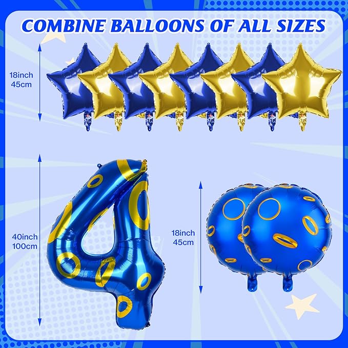 40 Inch Blue and Golden Ring Themed Number Balloon, Number Block Foil Number 4 Balloons Large Big Numbers Helium Balloon for Girls Boys 4th Birthday Theme Party Decorations (Number 4)