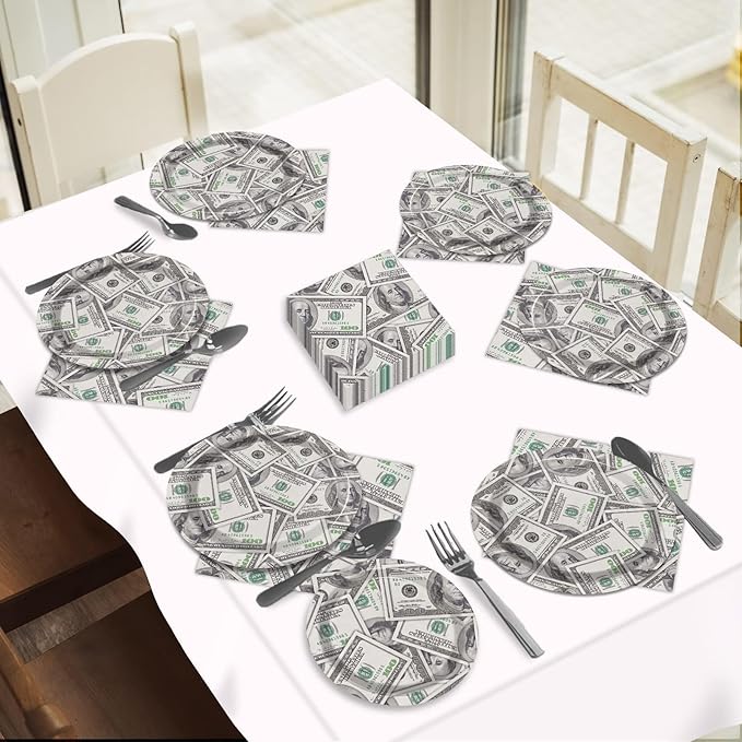 96 Pieces Money Hundred Dollar Bills Supplies One Hundred Dollar Birthday Party Tableware Set Bill Dinnerware Decorations for Adult Teens Kids Dollars Bill Disposable Paper Goods 24 Guests
