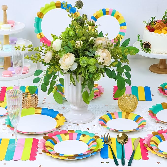 Birthday Party Supplies Disposable 9" Dinner Plates 7" Dessert Plates 6.5" Luncheon Napkins for Birthday Garden Party Afternoon Teas Baby Shower Wedding, Scalloped Edge, Serve 24