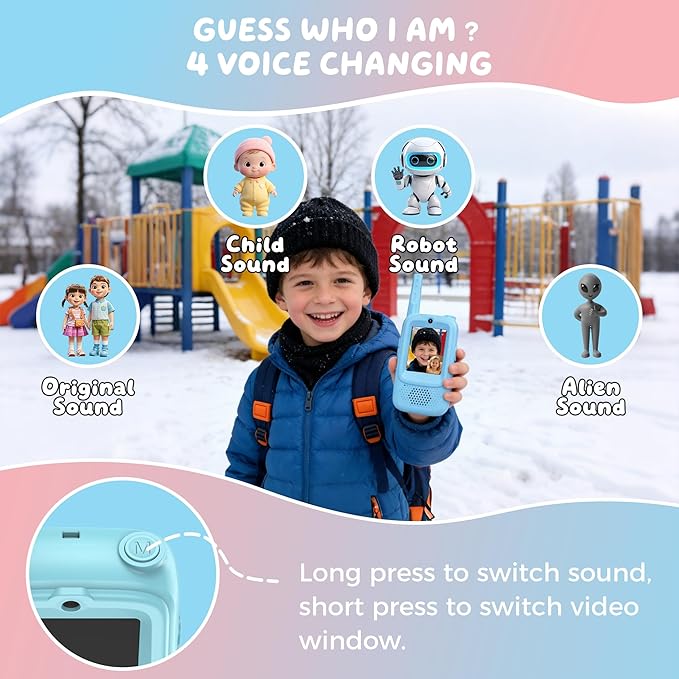 Video Walkie Talkies for Kids, 2 Pack Rechargeable Walkie Talkies with Screen, Long Range 2 Way Radio with 4 Voice Effects, Christmas Birthday Gifts for Age 3-12 Boys Girls Indoor/Outdoor/Camping