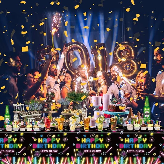 4 Pack Neon Glow Party Table Covers - 51x86 Inch Tablecloths, Glow in The Dark for Birthday Parties, Black Light Compatible