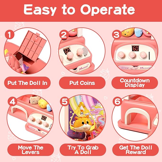 60 PCS Large Kids Claw Machine, Vending Claw Machine with Lights Sound, Candy and Prize Electronic Dispenser Game Toys for Kids, Claw Machine Toys for 3 4 5 6 7 8 Years Old Girls