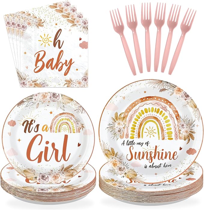 96 Pcs Boho Baby Shower Decorations for Girl Disposable A Little Ray of Sunshine Paper Plates and Napkins Boho Rainbow Baby Shower Tableware Set for Girl Birthday Party Supplies