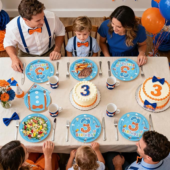 96Pcs Blue Orange 3rd Birthday Decorations Cartoon English Teacher Plates and Napkins Cartoon Theme Third Birthday Decorations Favors for Kids Three Years Old Back to School Party Supplies Serves 24