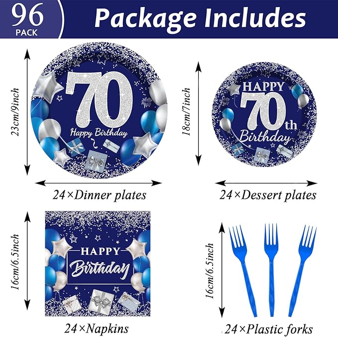 96 Pcs 70th Birthday Party Supplies - Navy Blue & Silver Plates, Napkins, Forks & Table Decorations for 24 Guests