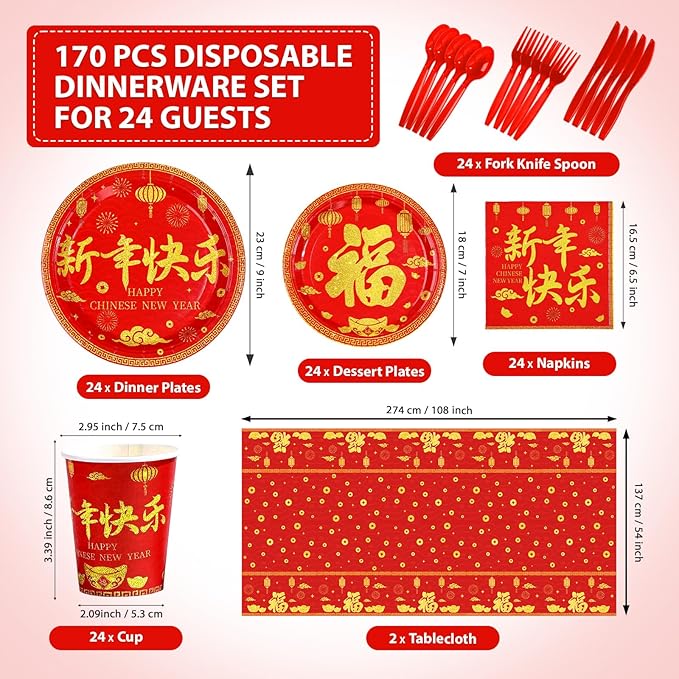 170Pcs Chinese New Year Party Supplies Spring Festival Plates and Napkins Cups, Forks, Tablecloth Red Gold Festival Tableware Set for Lunar New Year 2026 Party Decoration Serves 24