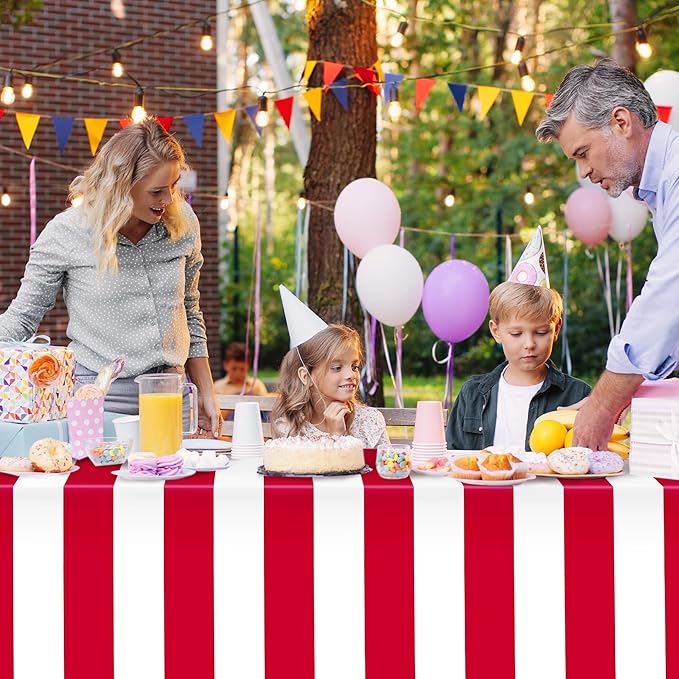 Kochorie 100 Ft x 54 Inch Red & White Striped Tablecloth Roll with Cutter Box Disposable Carnival Circus Tablecloth Cut to Size Table Cover Backdrop for Carnival Party Table Stage Supplies
