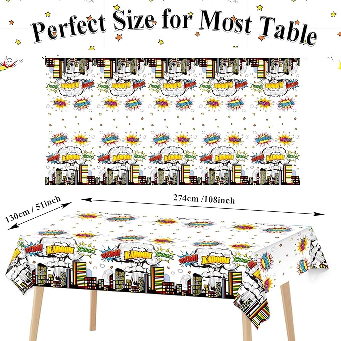 3 Pieces Super Theme Hero Tablecloths Hero Themed Birthday Party Supplies Heroes Action Sign Plastic Table Cover Fun Super Tablecover for Happy Birthday Baby Shower Party Decorations