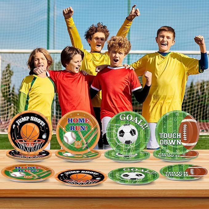 CHUNNIN 48Pcs Sports Birthday Party Paper Plates Sports Themed Party Supplies 7" Football Basketball Soccer Baseball Birthday Disposable Plates for Kids court Baby Shower Decorations