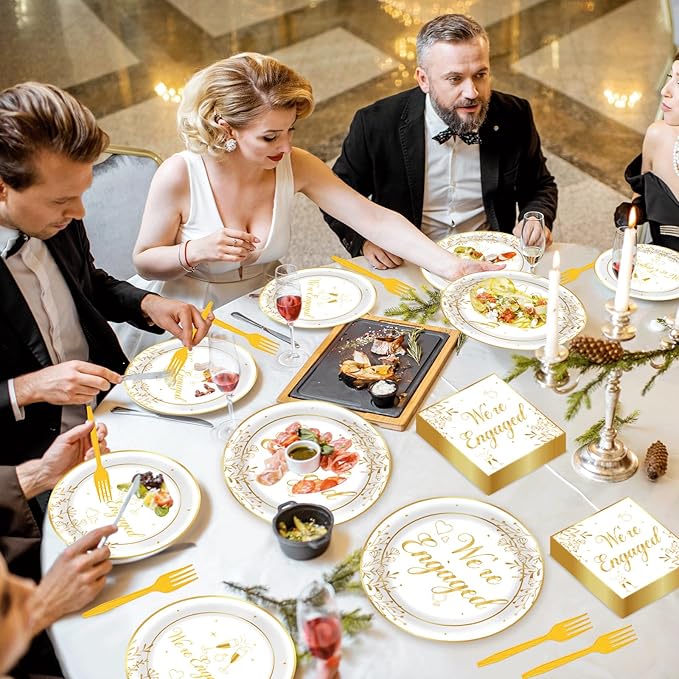 96Pcs Happy Engagement Party Supplies Engagement Paper Plates Napkins We're Engaged Party Tableware Set We're Engaged Dinnerware for Wedding Birthday Bridal Shower Decoration Serve 24