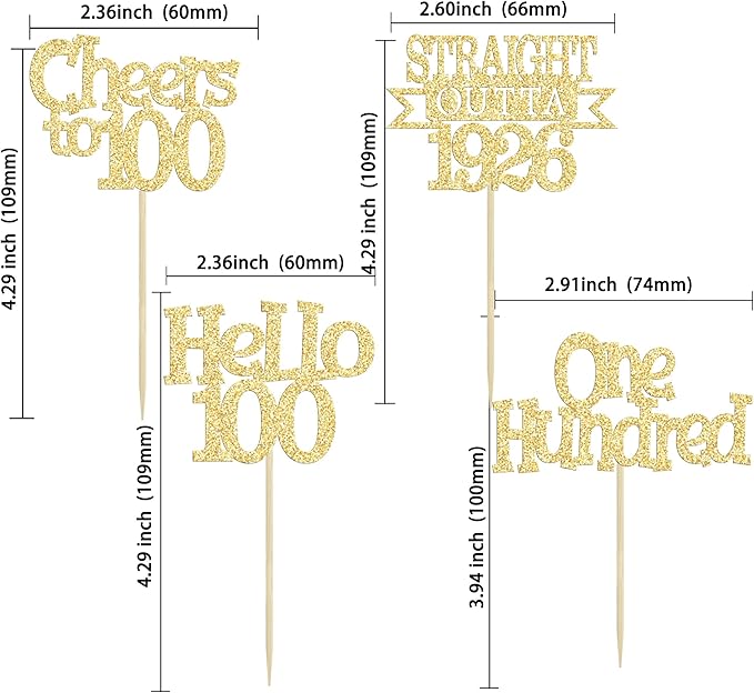 Ephlyn 24Pcs Happy 100th Birthday Cupcake Toppers Glitter Straight Outta 1926 Cupcake Picks Hello 100 Cheers to 100 Years Birthday Cake Decorations for 100th Anniversary Party Supplies Gold