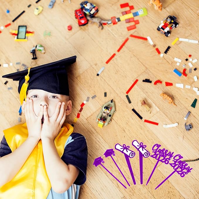 Boao 90 Pieces Class of 2026 Theme Graduation Cake Topper Plastic Cupcake Picks Graduation Cupcake Decorations for Party Supplies and Favors, 3 Styles(Purple)
