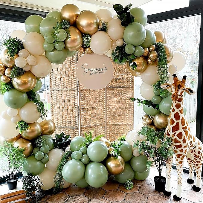 Safari Balloon Garland Kit with Sage Green sand White Gold and Jungle giraffe animal print balloons for Woodland Themed Giraffe Wedding Two Wild One Birthday Party decorations supplies
