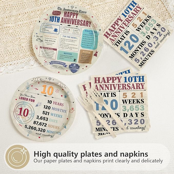 96Pcs 10th Anniversary Party Decorations Retro 10 Years Wedding Aday Plates and Napkins Happy 10th Anniversary Disposable Tableware Set for Vintage 10 Year Wedding Party Supplies Serves 24