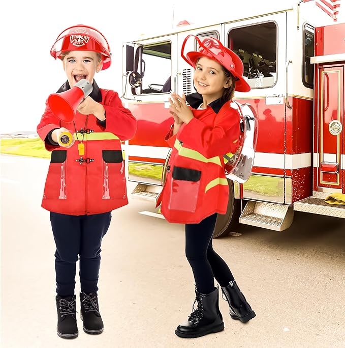 deAO Fireman Costume for Kids, 13 Pcs Fire Fighter with Toys Accessories Set with Washable Storage and Extinguisher, Kids Fireman Dress Up Clothes Pretend Play Toy Birthday Gifts for Boys Girls