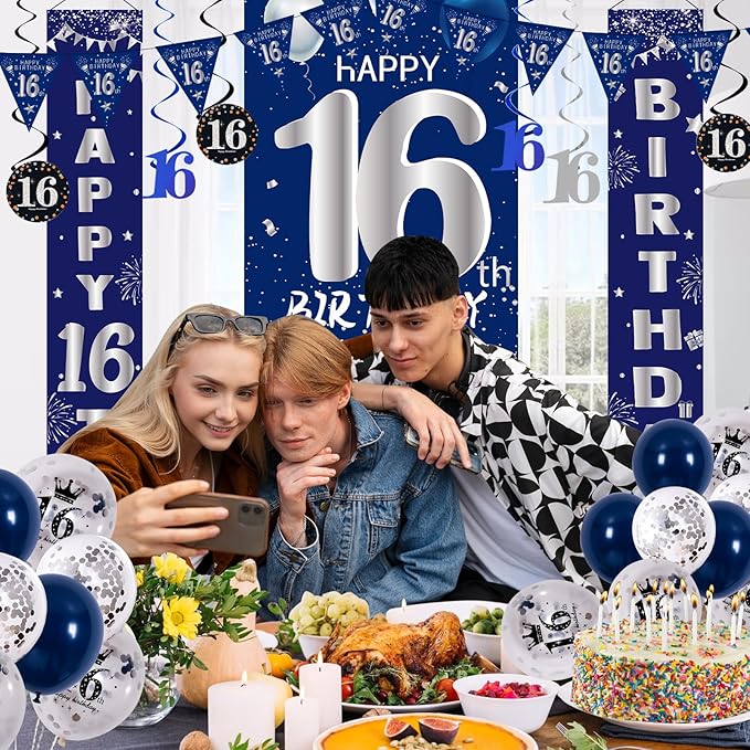 16th Birthday Decorations for Boys Girls, Navy Blue Happy 16th Birthday Door Banner Sign, 16 Years Old Party Supplies Teenagers Bday Backdrop Balloons Hanging Decors