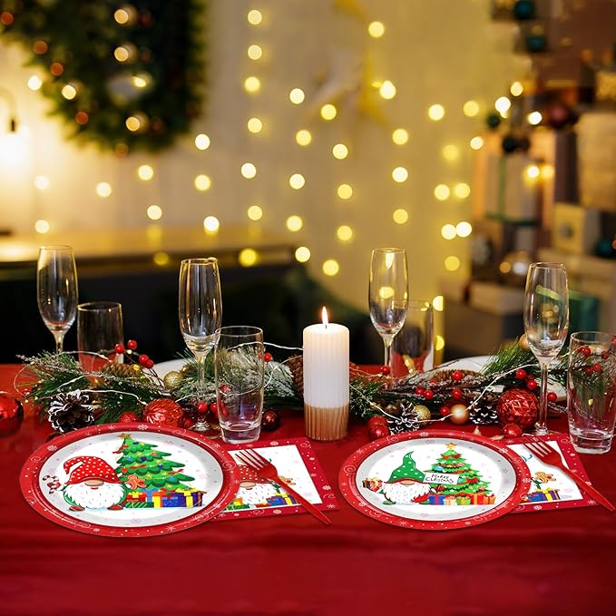 96 Pcs Christmas Party Supplies Paper Plates Napkins Merry Christmas Tree Gnome Party Disposable Tableware Set Decorations Favors for Holiday Xmas Serves 24