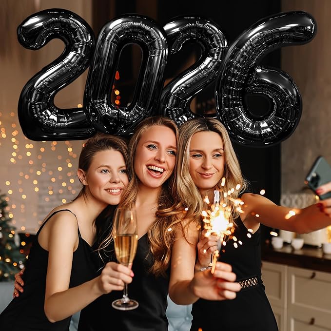 KALOR 32 Inch 2026 Black Foil Number Balloons, 2026 New Years Decorations for 2026 Happy New Year Eve and Graduations Party Supplies