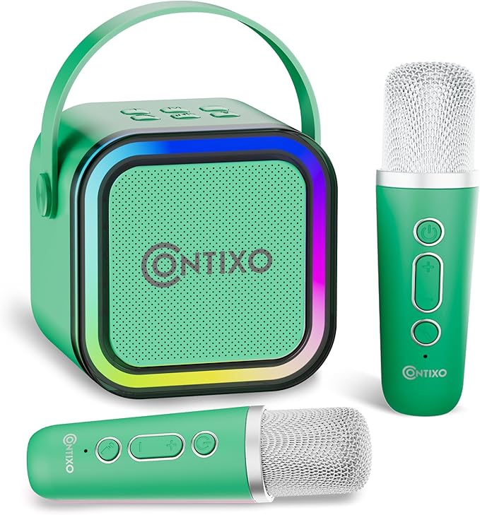 Contixo KS1 Mini Karaoke Machine for Kids, Portable Bluetooth Speaker with 2 Wireless Microphones & Dynamic Lights for Boys & Girls, Home Party Entertainment Toy (Green)