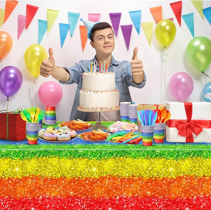 Zhehao 169 Pcs Rainbow Party Decorations Supplies with Disposable Tablecloths Plates Napkins Cups Straws Knives Forks Serve 24 Guests for Birthday Bridal Shower Rainbow Pride Party Favor (Colorful)