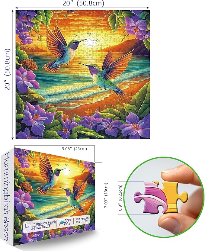 500 Piece Puzzles for Adults - Hummingbird Sunset Beach Jigsaw Puzzle, 20x20 Inches Vibrant Tropical Nature Art Puzzle for Relaxation & Home Decor