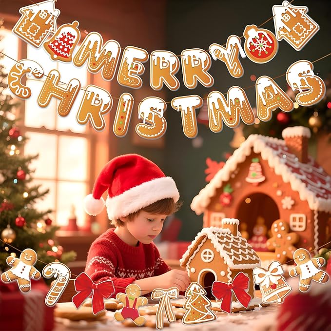 PAPER JAZZ Gingerbread Christmas Decoration Merry Christmas Banner,3 Pcs Gingerbread Christmas Garland,Xmas Backdrop Cute Hanging Decor for Wall, Tree, Door, Yard, Home, Office, Indoor Outdoor.