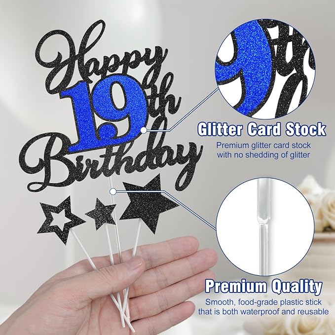 19th Birthday Cake Topper, Black Blue Happy 19th Birthday Cake Toppers for Boy Girl, 19 Years Old Birthday Party Supplies, Glitter Cake Decor, 19th Birthday Cake Decorations