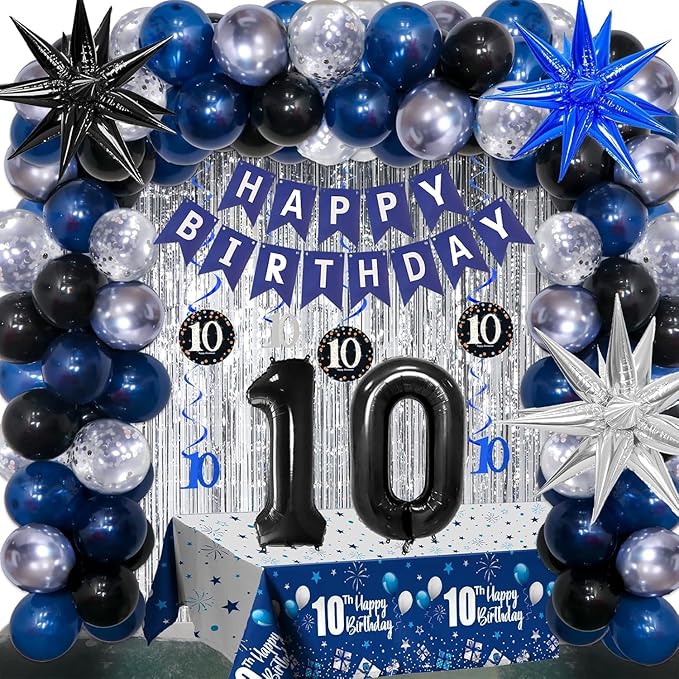 10th Birthday Decorations for Boys and Girls Dark Blue, Double Digits Birthday with HAPPY BIRTHDAY Banner 10 Balloon Number Tablecloth Foil Star Balloons Garland Arch Kit-10 Year Old Party Supplies