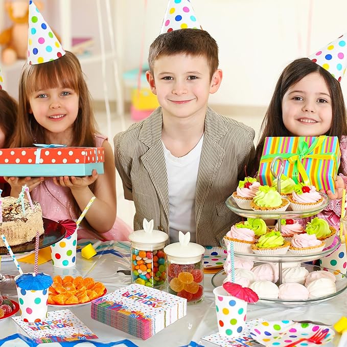100 Pcs Happy Birthday Napkins Kids 5X5 Inch Rainbow Birthday Cocktail Napkins with Colorful Dots and Gift Boxs Pattern Design, Birthdays Party Supplies Suitable for Women & Kids