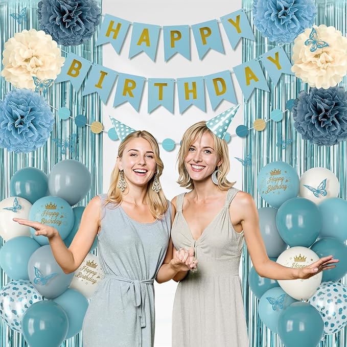 Blue Birthday Decorations, Dusty Blue Sand Confetti Metallic Printed Balloons Butterfly Stickers Fringe Curtain Happy Birthday Banner Circle Dots Paper Pompoms Boys Men Girls Women Party Supplies
