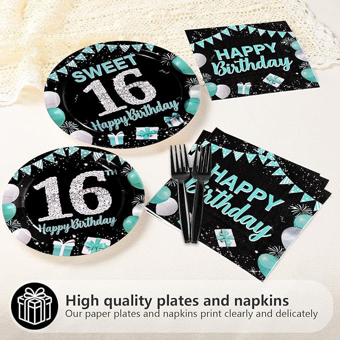 96Pcs 16th Birthday Party Supplies Teal Blue and Black Plates and Napkins Disposable Turquoise Sweet 16 Years Old Paper Tableware Set for Boys Girls 16th Birthday Party Decorations Serves 24